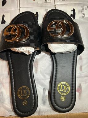 Black Slide Sandals with Gold Double-G Accent - Women